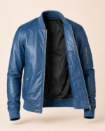 Cobalt | Men's Blue Leather Bomber Jacket - Image 3