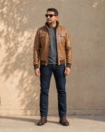 Desert Voyager | Men's Brown Sheepskin Leather Bomber Jacket - Image 2
