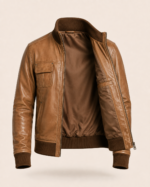 Desert Voyager | Men's Brown Sheepskin Leather Bomber Jacket - Image 3