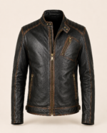 Durham Waxed | Men's Black Leather Biker Jacket with Brown Accents