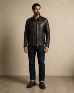 Durham Waxed | Men's Black Leather Biker Jacket with Brown Accents - Image 2