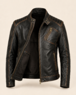 Durham Waxed | Men's Black Leather Biker Jacket with Brown Accents - Image 3