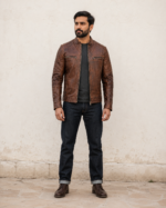 Rebel | Men's Brown Cafe Racer Sheepskin Leather Jacket - Image 2