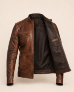 Rebel | Men's Brown Cafe Racer Sheepskin Leather Jacket - Image 3