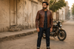 Rebel | Men's Brown Cafe Racer Sheepskin Leather Jacket - Image 5