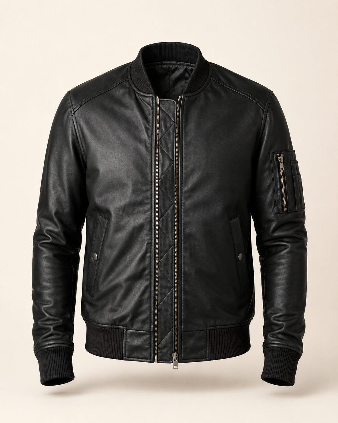 The_Ace_Black_MA-1_Bomber_1.png The Ace | Men's Black Leather Bomber Jacket - Image 1