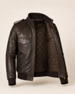 The Spy | Men's Brown Leather Bomber Jacket - Image 3